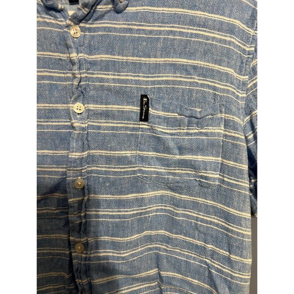 Ben Sherman Men’s Blue Striped Linen Rayon Short Sleeve Button Up Shirt Size LG - Picture 2 of 9